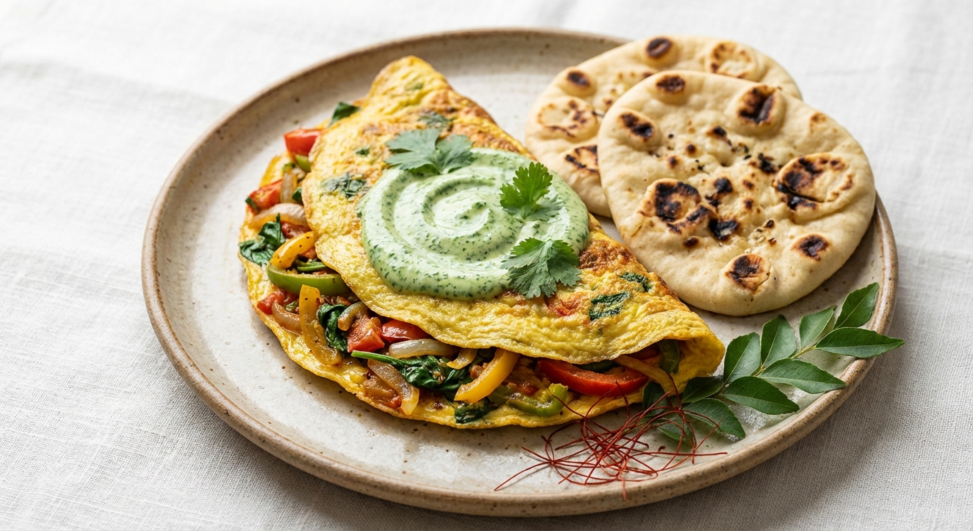Masala Vegetable Omelette with Cilantro-Yogurt and Toasted Mini Naan