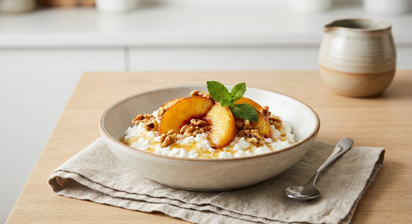 Cottage Cheese Bowl with Honeyed Peaches & Toasted Walnuts