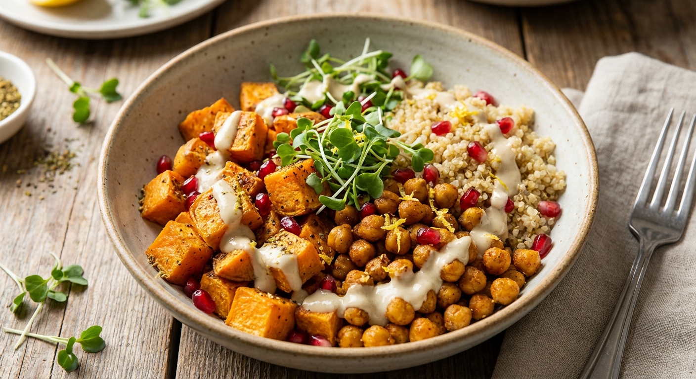 Roasted Sweet Potato & Chickpea Quinoa Bowl with Tahini-Lemon Dressing