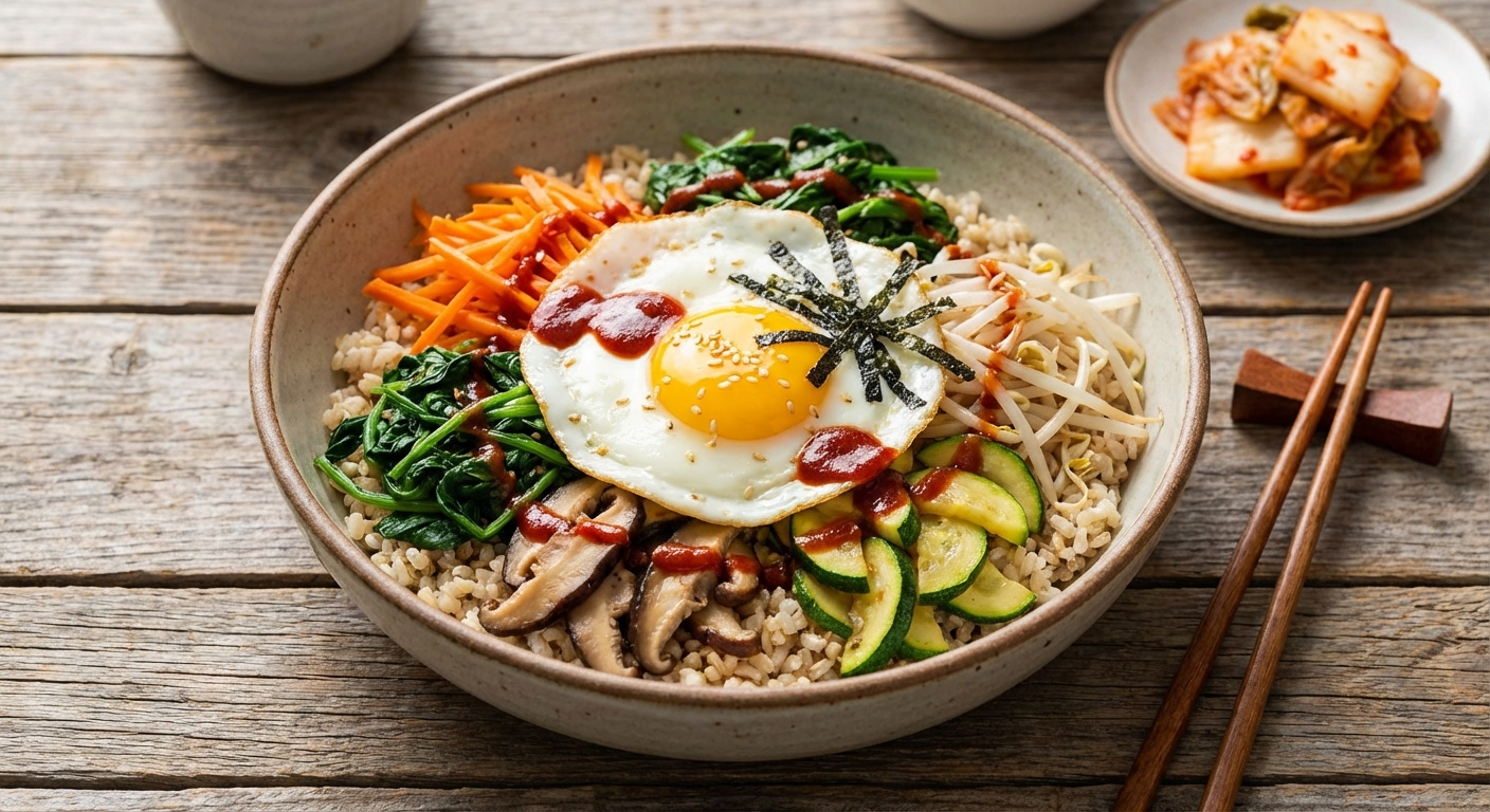 Vegetarian Bibimbap with Brown Rice and Sautéed Vegetables