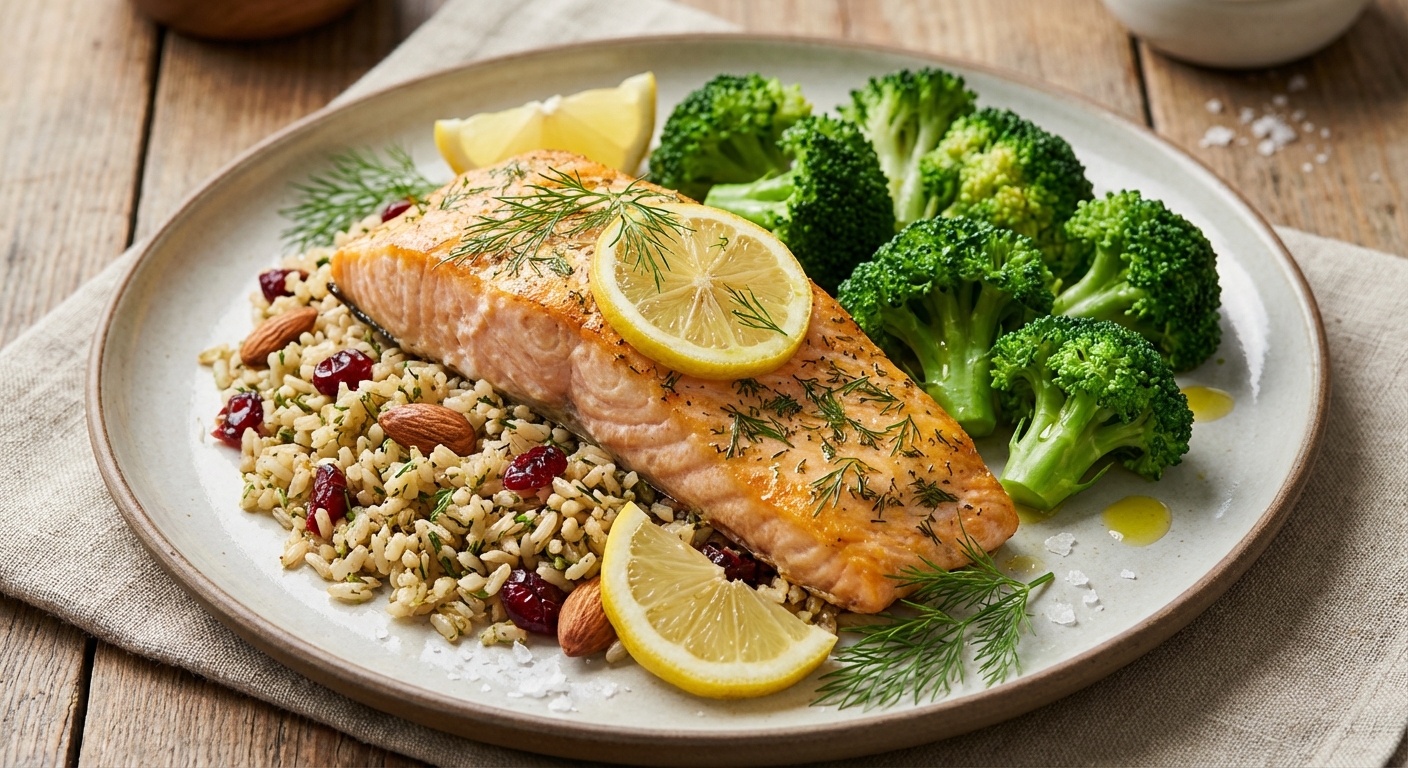 Baked Lemon-Dill Salmon with Brown Rice Pilaf & Steamed Broccoli