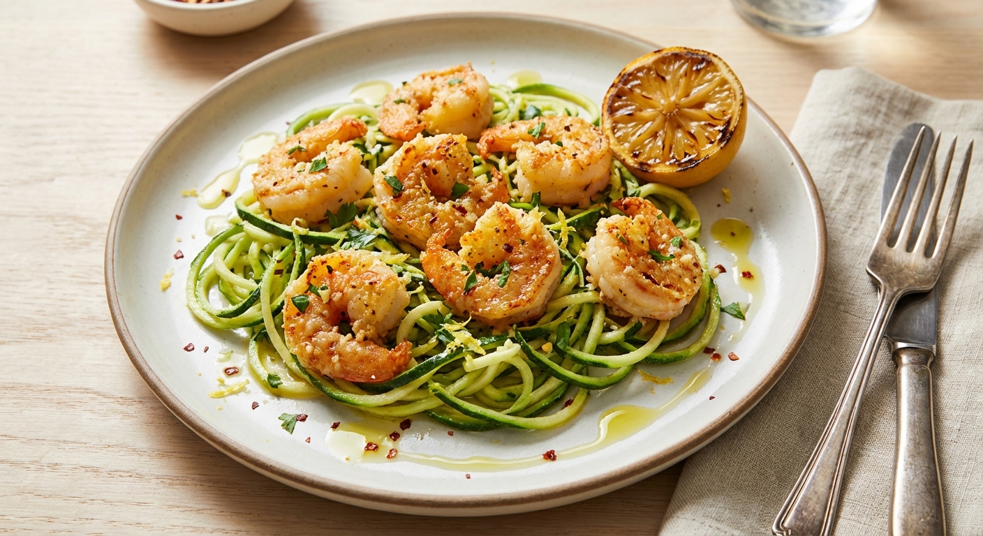 Garlic-Butter Parmesan Crusted Shrimp with Lemon Zucchini Noodles (Low-Carb, Mediterranean)