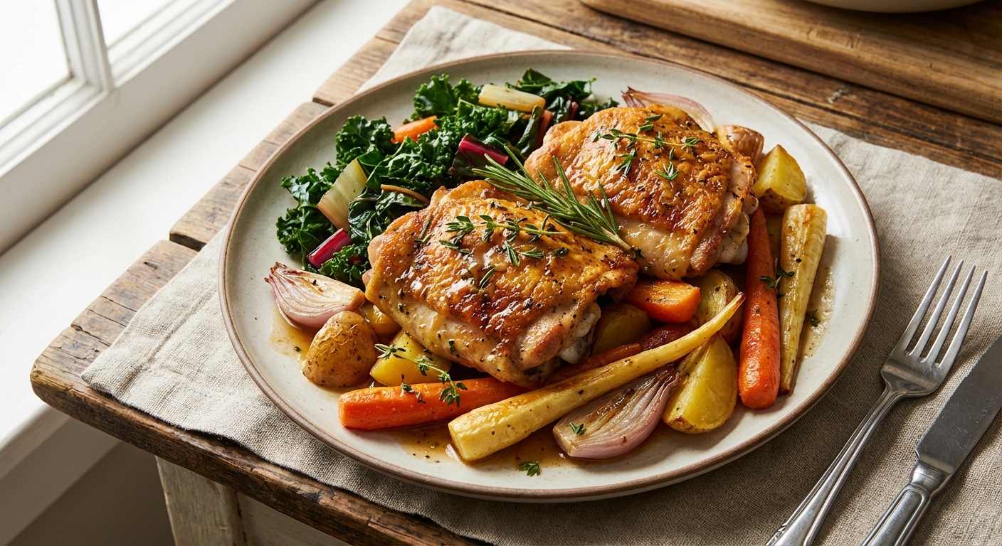 Herb-Roasted Chicken Thighs with Roasted Root Vegetables & Sautéed Greens