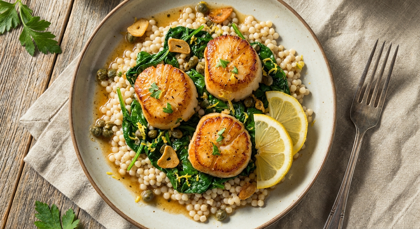 Seared Scallops with Lemon-Garlic Brown Butter, Wilted Spinach & Pearl Couscous