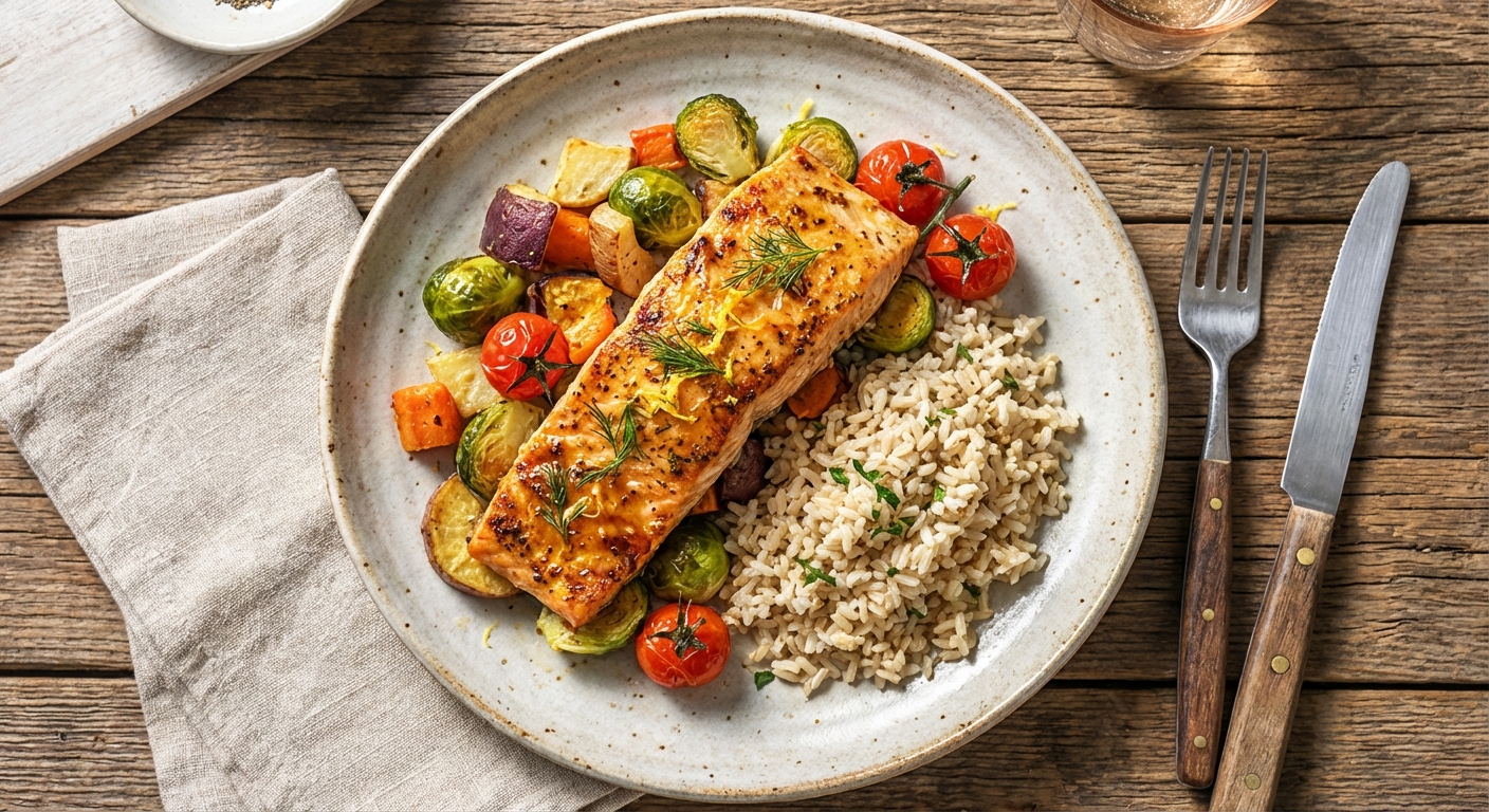Baked Salmon with Roasted Vegetables & Brown Rice