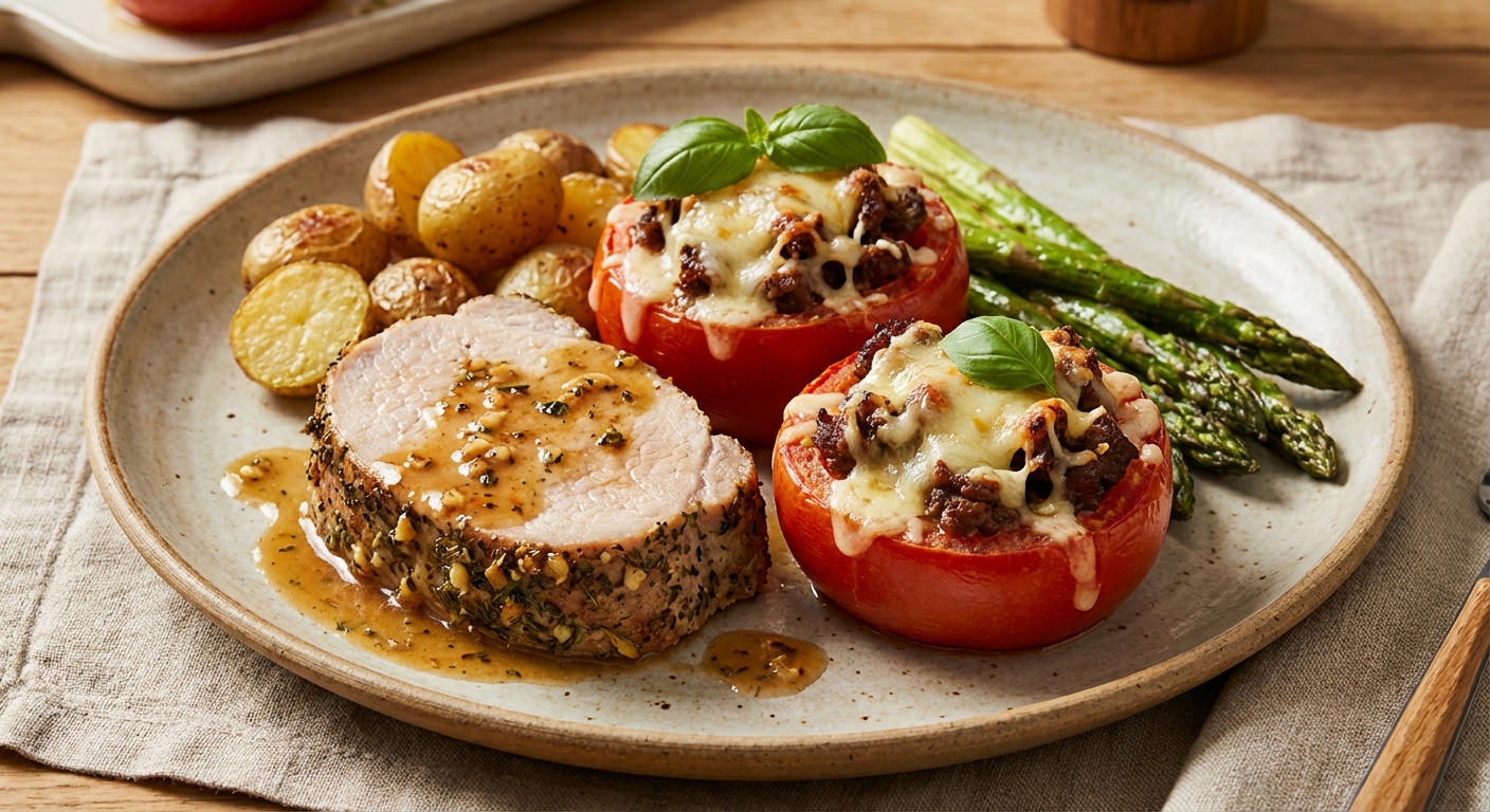 Garlic Herb Pork Loin with Cheesy Beef-Stuffed Tomatoes