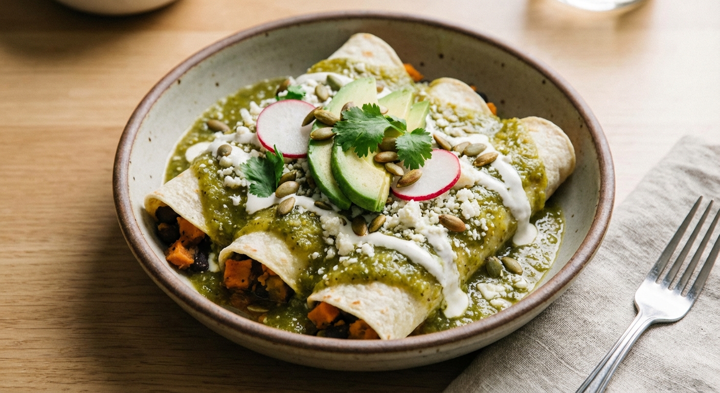 Black Bean & Sweet Potato Enchiladas with Salsa Verde