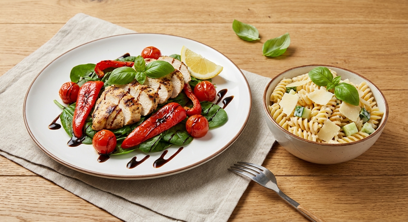 Grilled Chicken & Roasted Pepper Spinach Salad with Cold Parmesan Pasta Salad