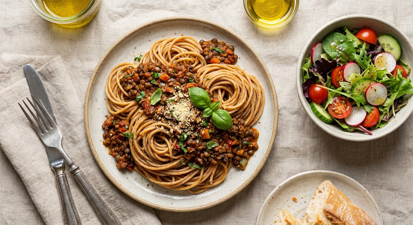 Whole‑Wheat Spaghetti with Lentil Bolognese & Mixed Green Salad (Egg‑Free)