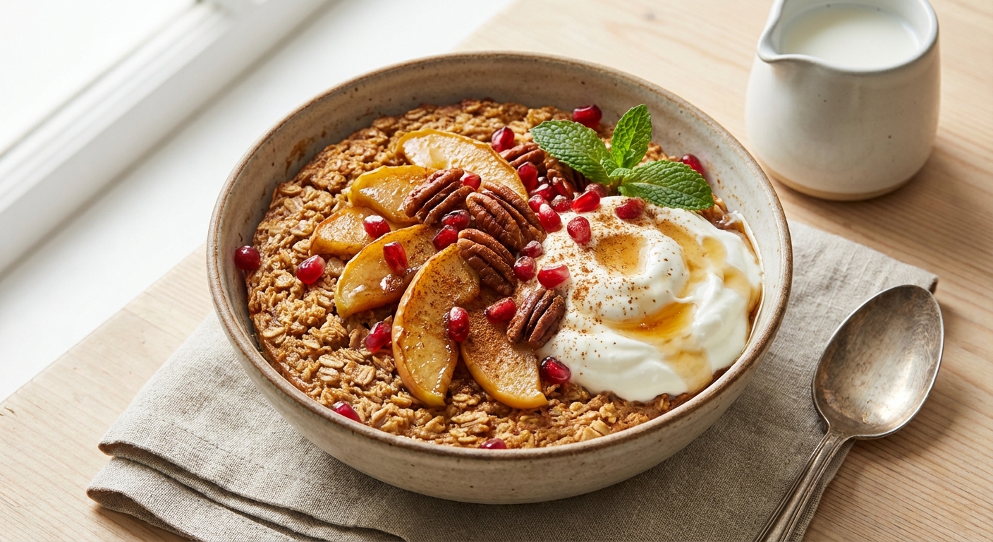Baked Cinnamon Apple Oatmeal with Pecans & Greek Yogurt