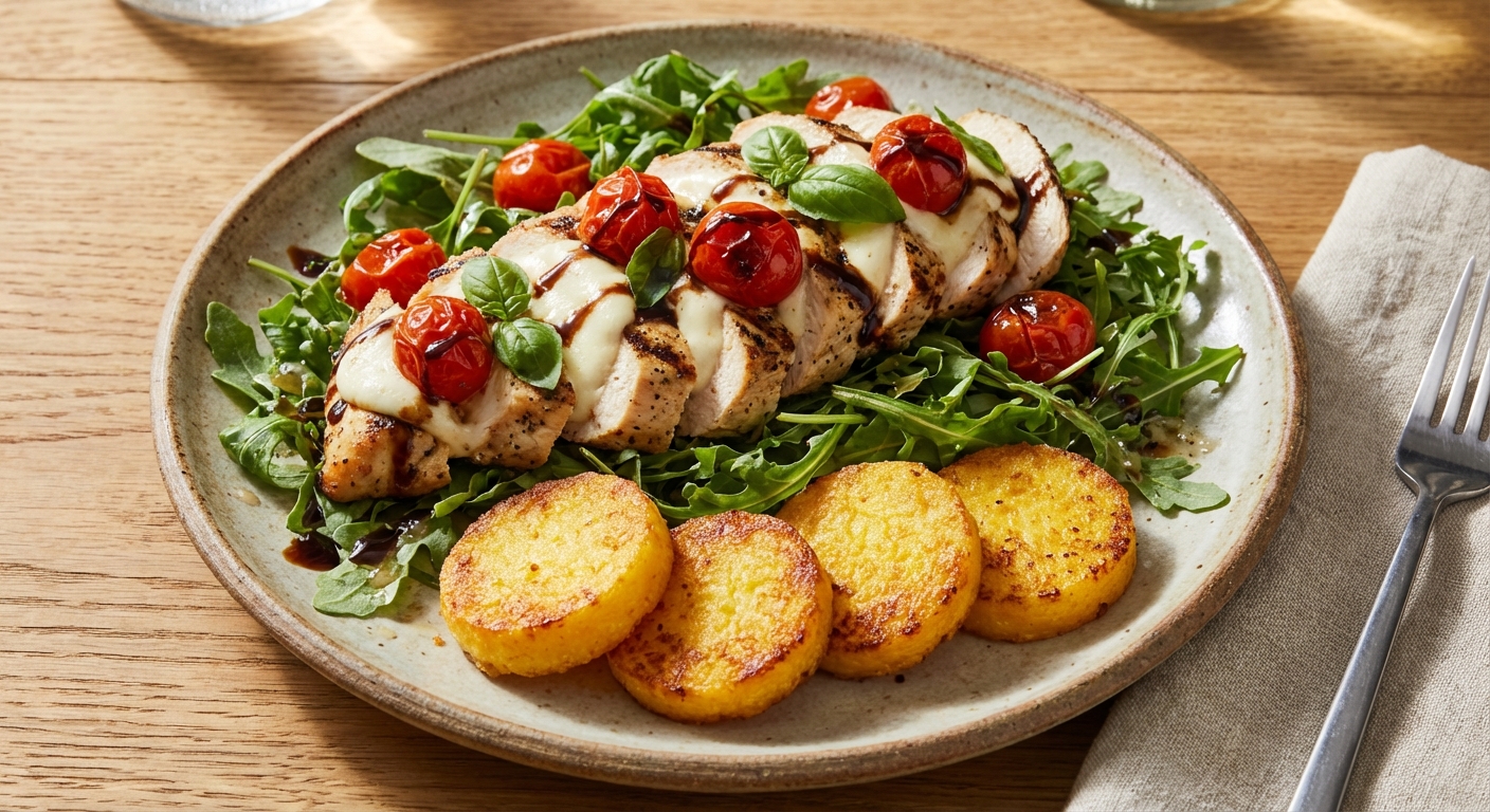 Grilled Chicken Caprese over Arugula with Polenta Rounds