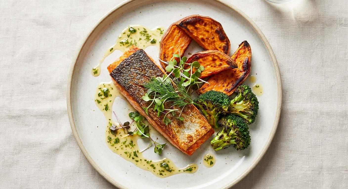 Pan-Seared Salmon with Roasted Sweet Potato & Broccoli