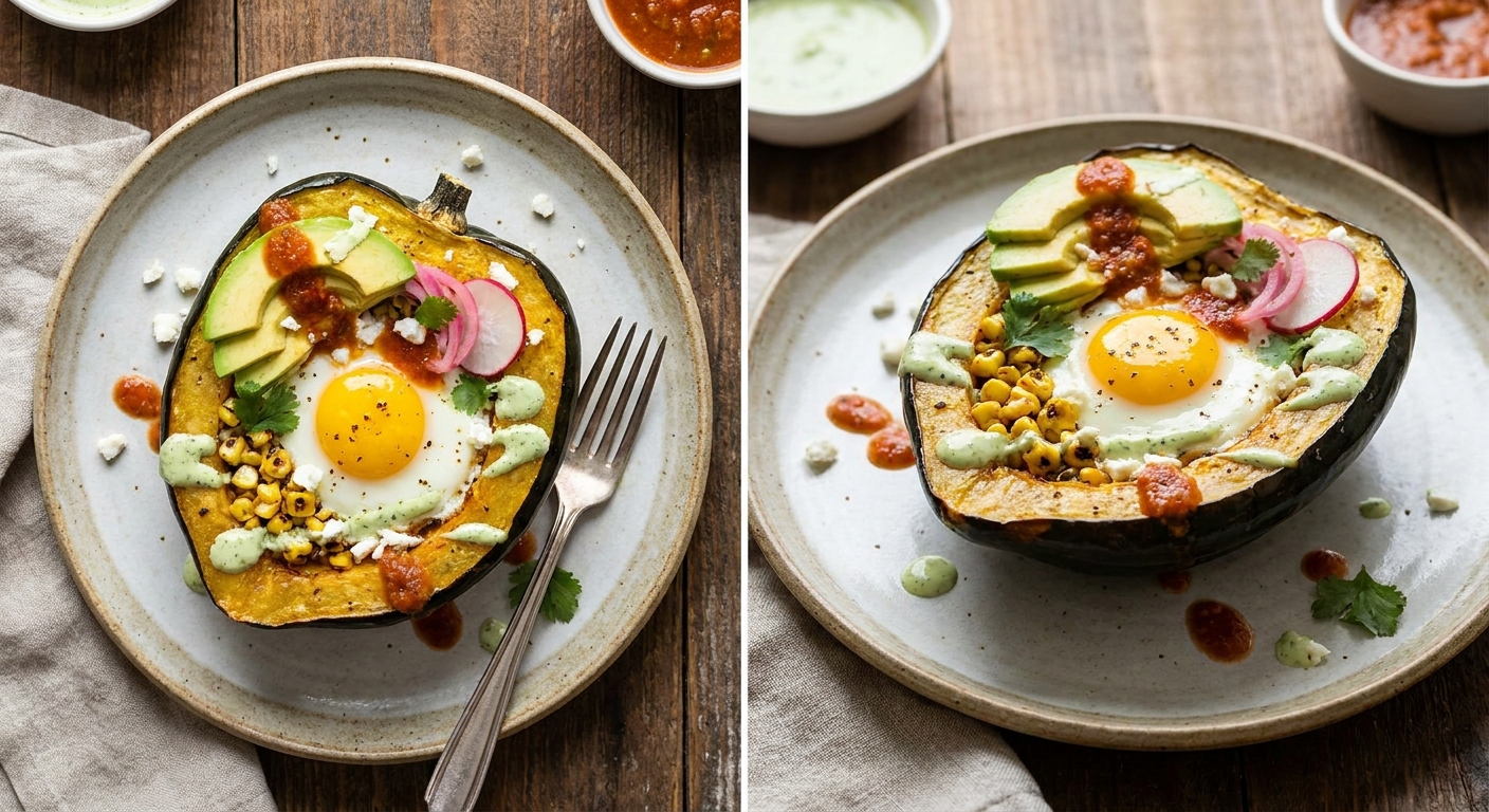 Roasted Acorn‑Squash Huevos Rancheros with Charred Corn, Avocado & Cilantro‑Lime Crema