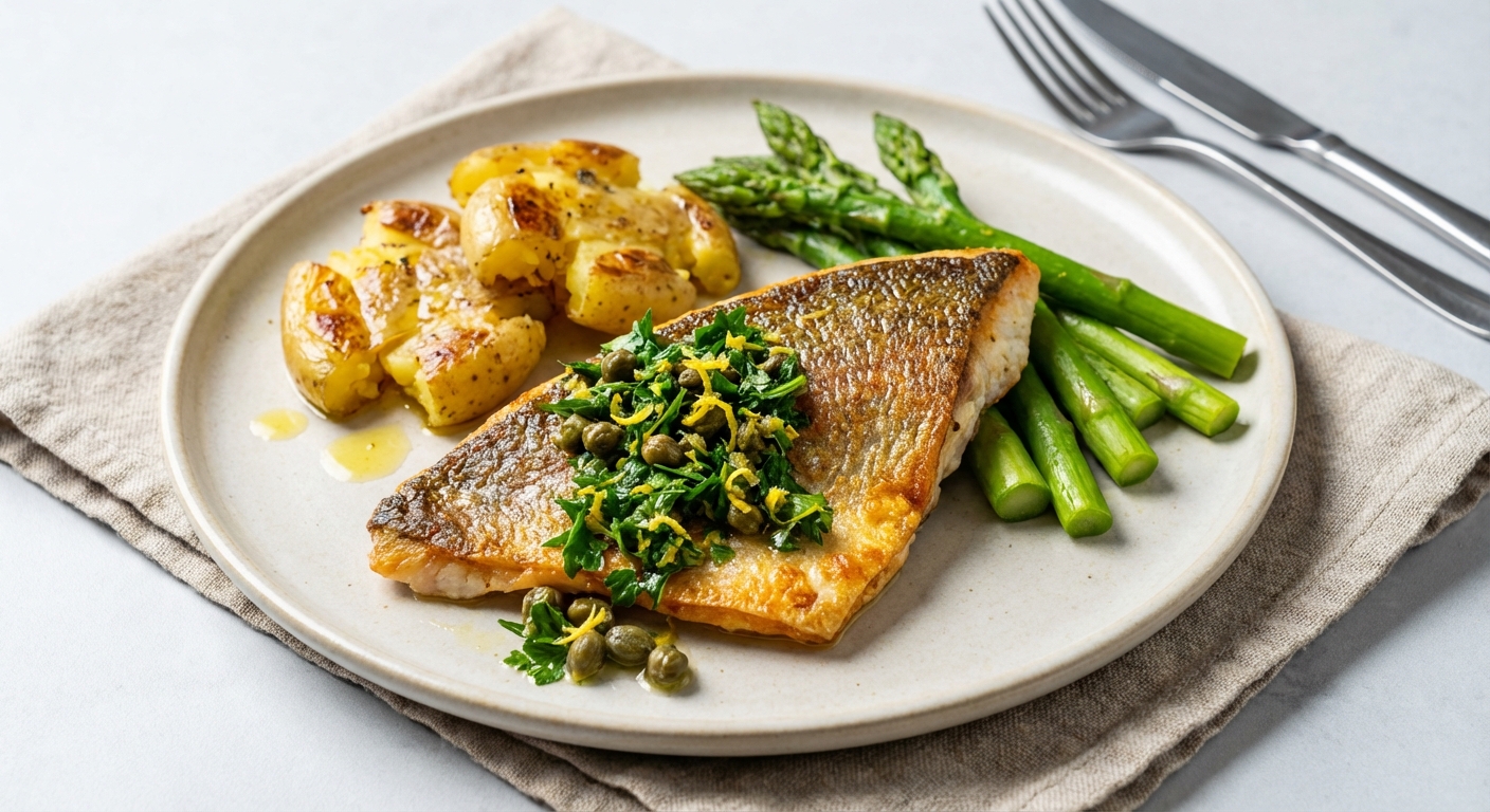 Pan-Seared Rainbow Trout with Spring Herb Gremolata, Smashed New Potatoes & Blanched Asparagus
