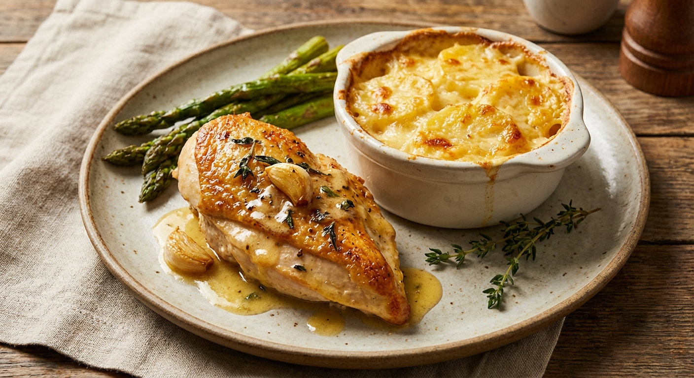 Garlic-Butter Pan-Seared Chicken with Cheesy Potato Gratin