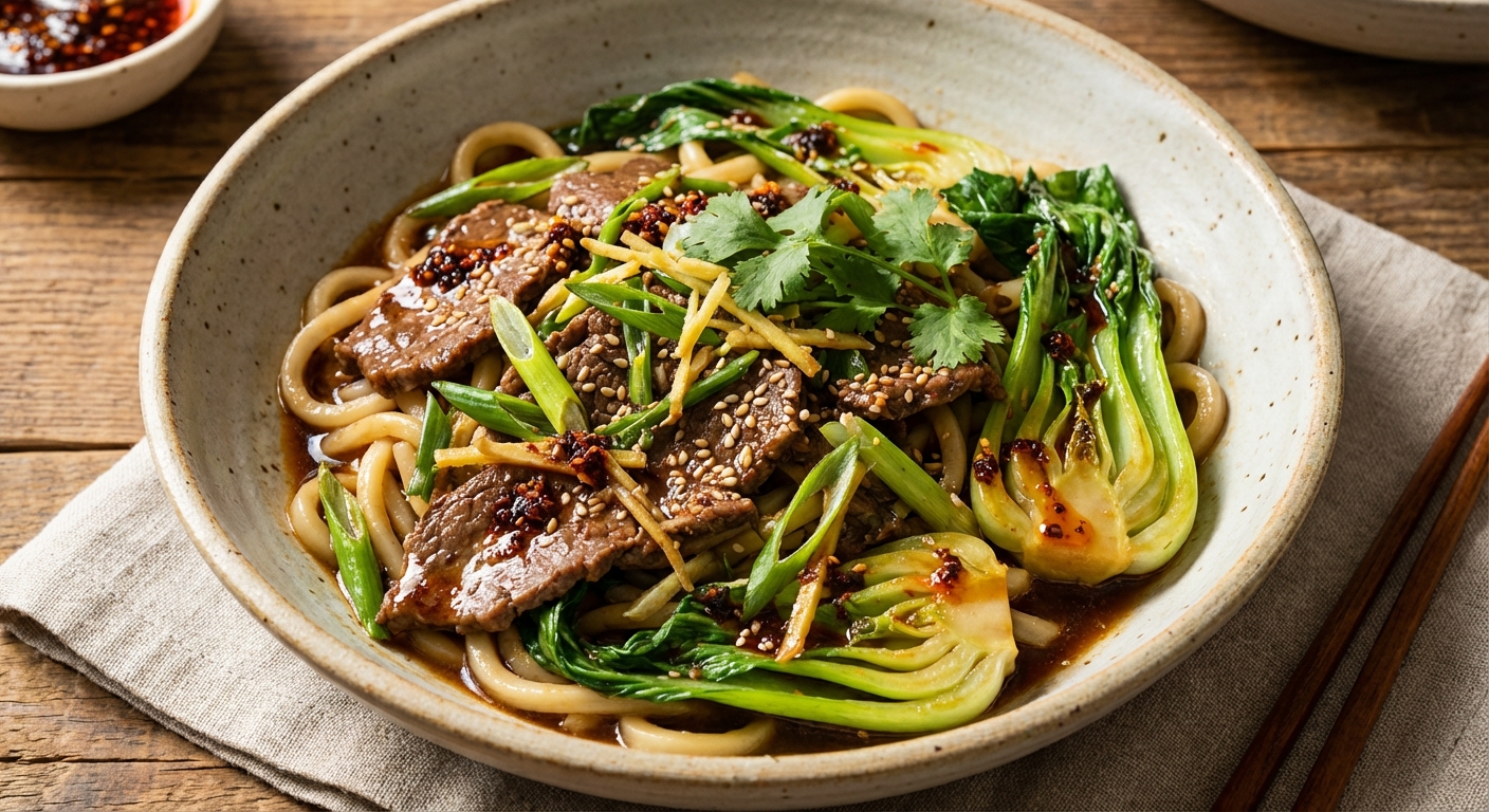 Ginger-Scallion Beef Stir-Fry with Udon Noodles and Baby Bok Choy