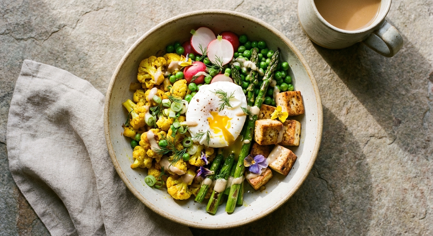 Tofu & Spring Vegetable Breakfast Bowl with Turmeric Cauliflower Hash and Scallions