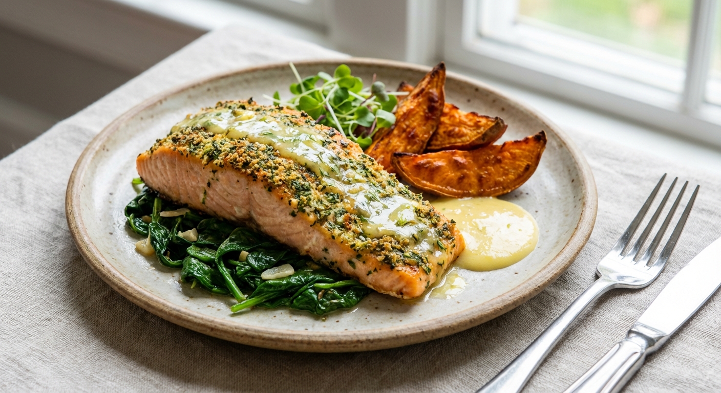 Baked Salmon with Roasted Sweet Potato and Sautéed Spinach