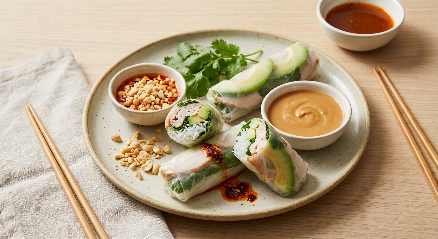 Turkey & Avocado Rice-Paper Rolls with Peanut Dipping Sauce