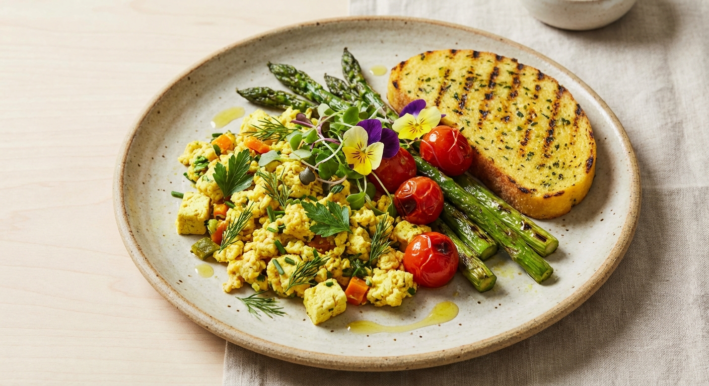 Herbed Tofu Scramble with Sautéed Asparagus, Cherry Tomatoes and Herb-Infused Polenta Toast