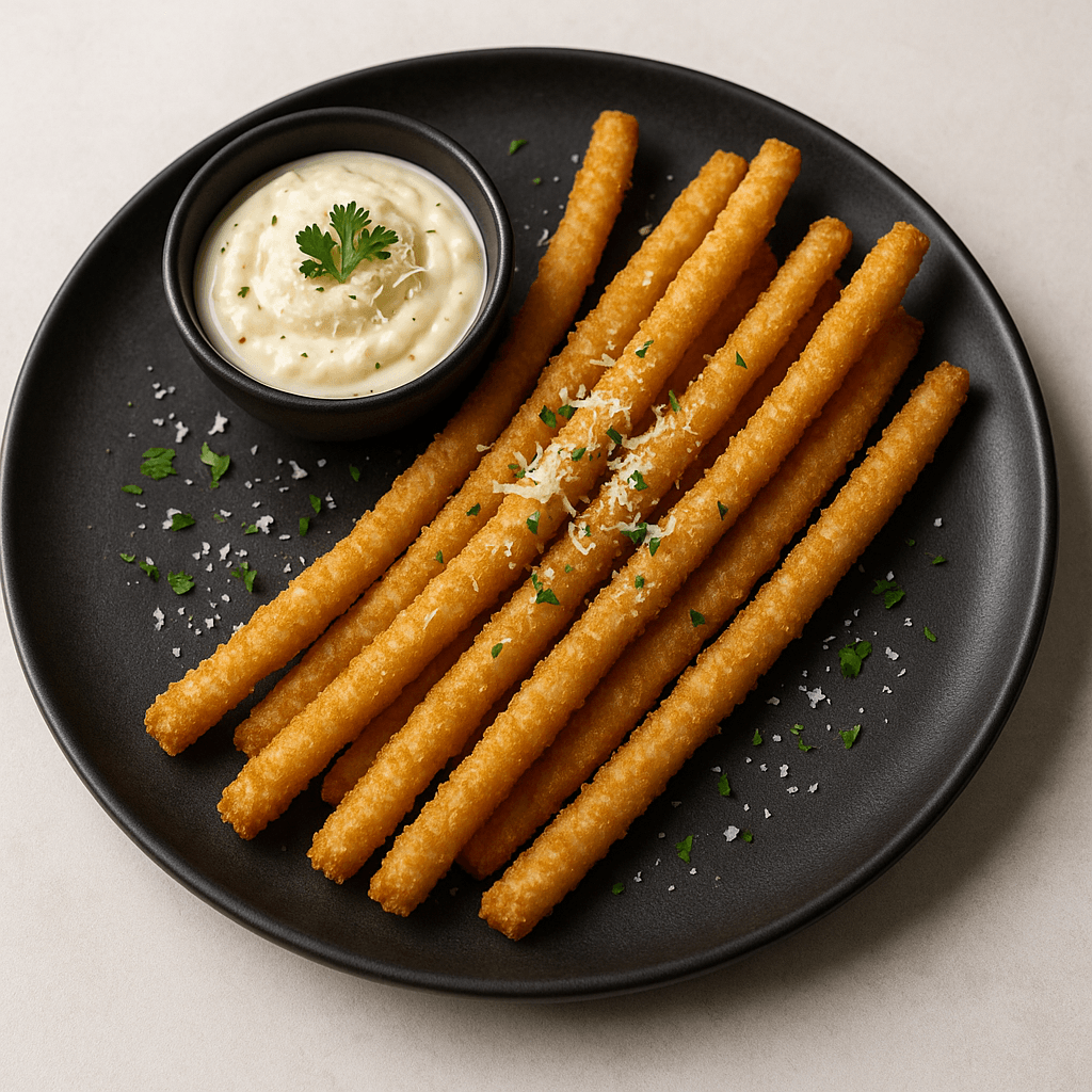 Crunchy Japanese Long Fries with Garlic Mayo Parmesan Sauce