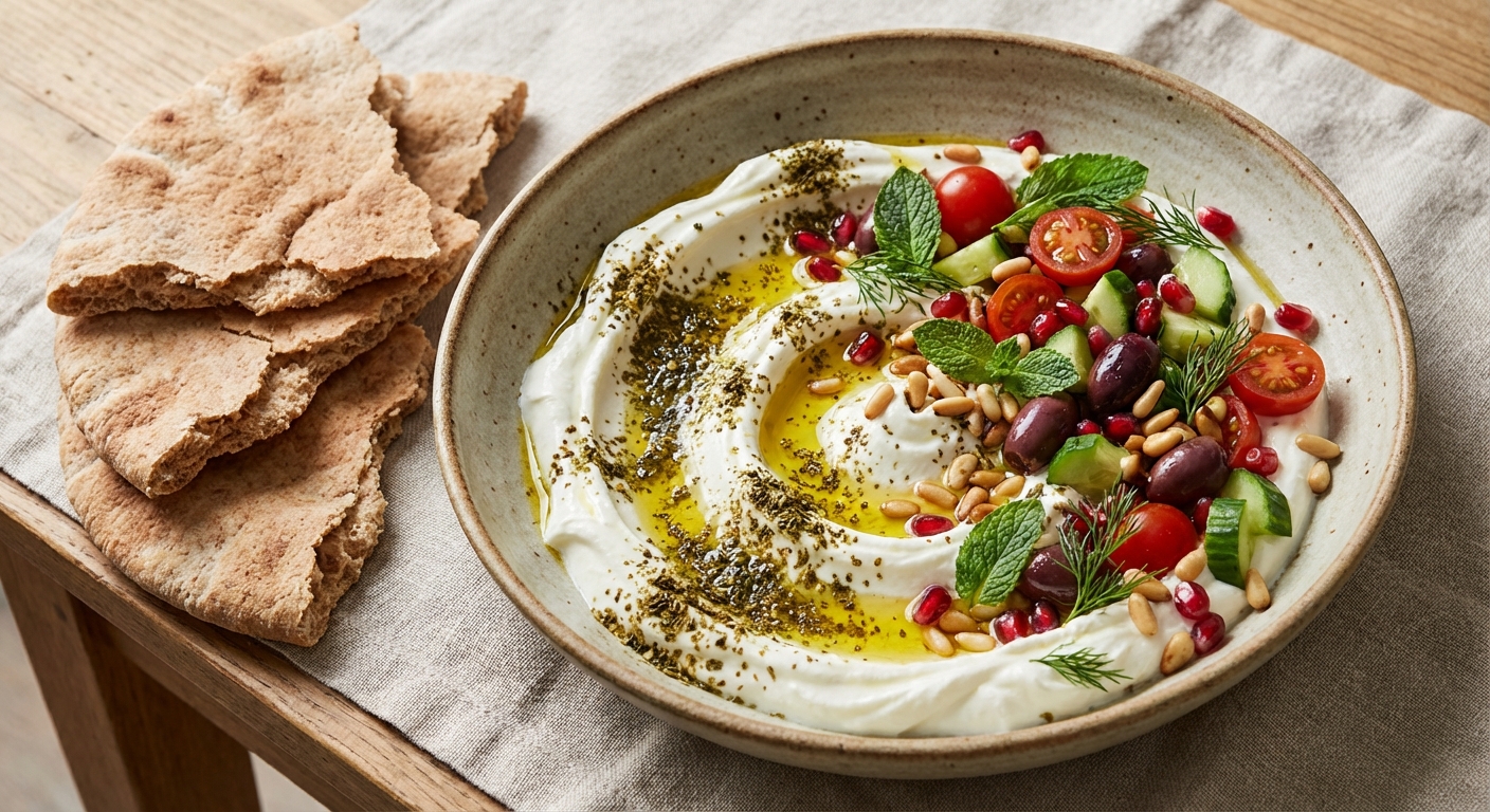 Middle-Eastern Labneh Bowl with Za'atar & Whole-Wheat Pita