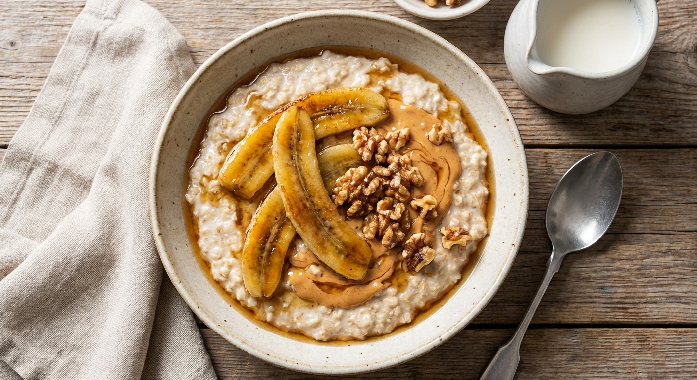 Peanut Butter Banana Oatmeal — Creamy, Toasted, Maple-Glazed