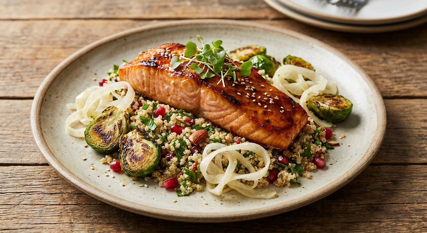 Miso–Maple Seared Salmon with Warm Quinoa, Roasted Brussels Sprouts & Quick-Pickled Fennel