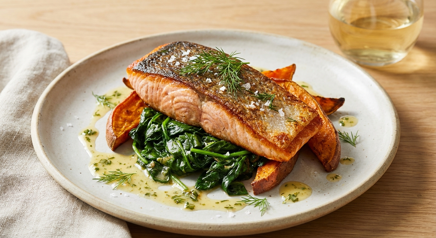 Pan-Seared Salmon with Roasted Sweet Potato and Sautéed Spinach