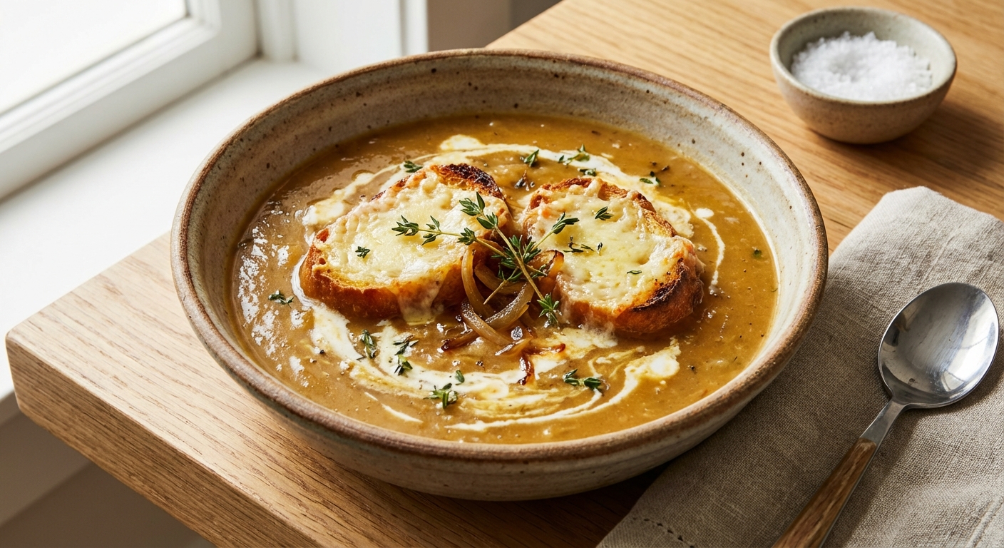 Creamy Caramelized Onion & Roasted Garlic Soup with Gruyère Crostini