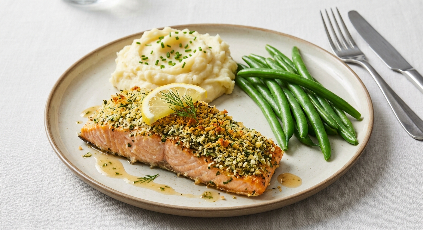Baked Herb-Crusted Salmon, Garlic Mashed Potatoes, Steamed Green Beans