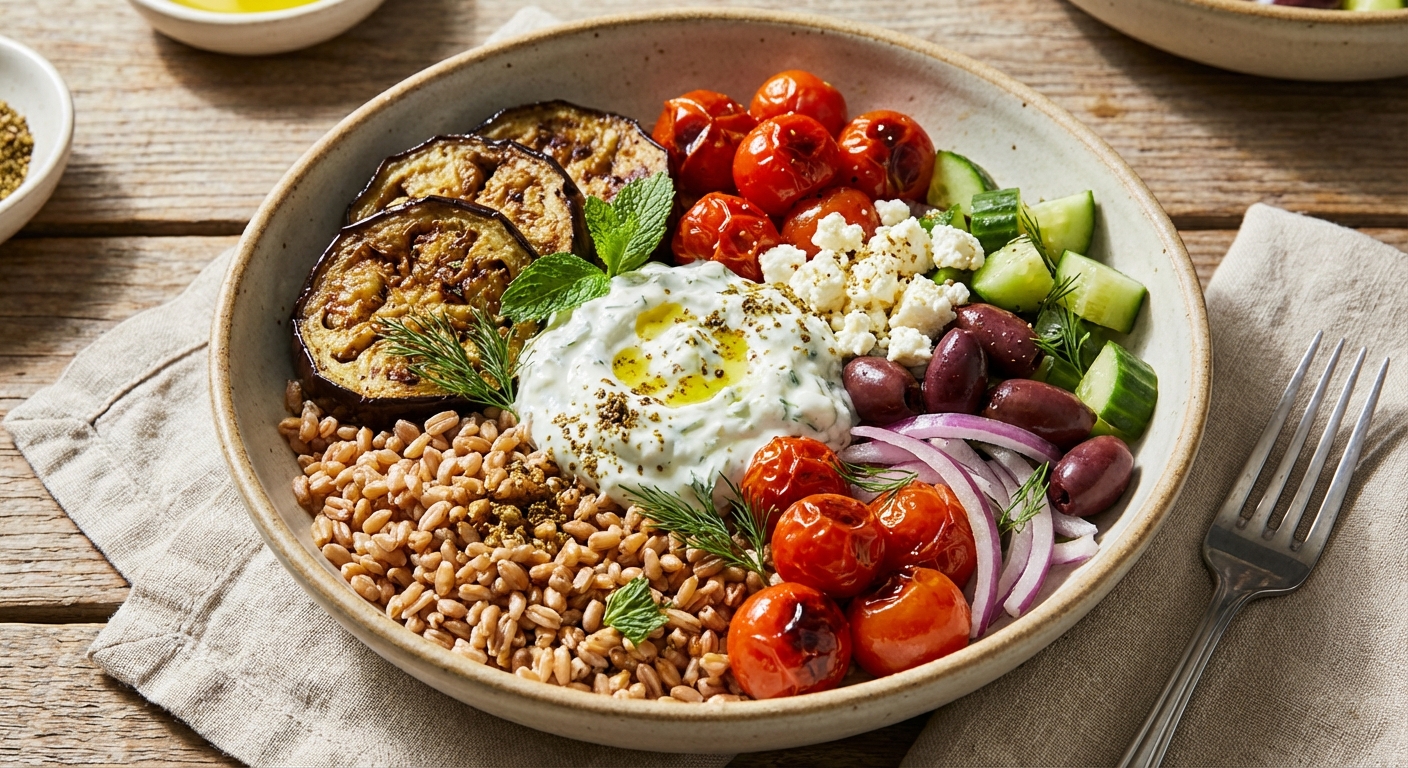 Mediterranean Farro Bowl with Tzatziki, Roasted Eggplant & Cherry Tomatoes