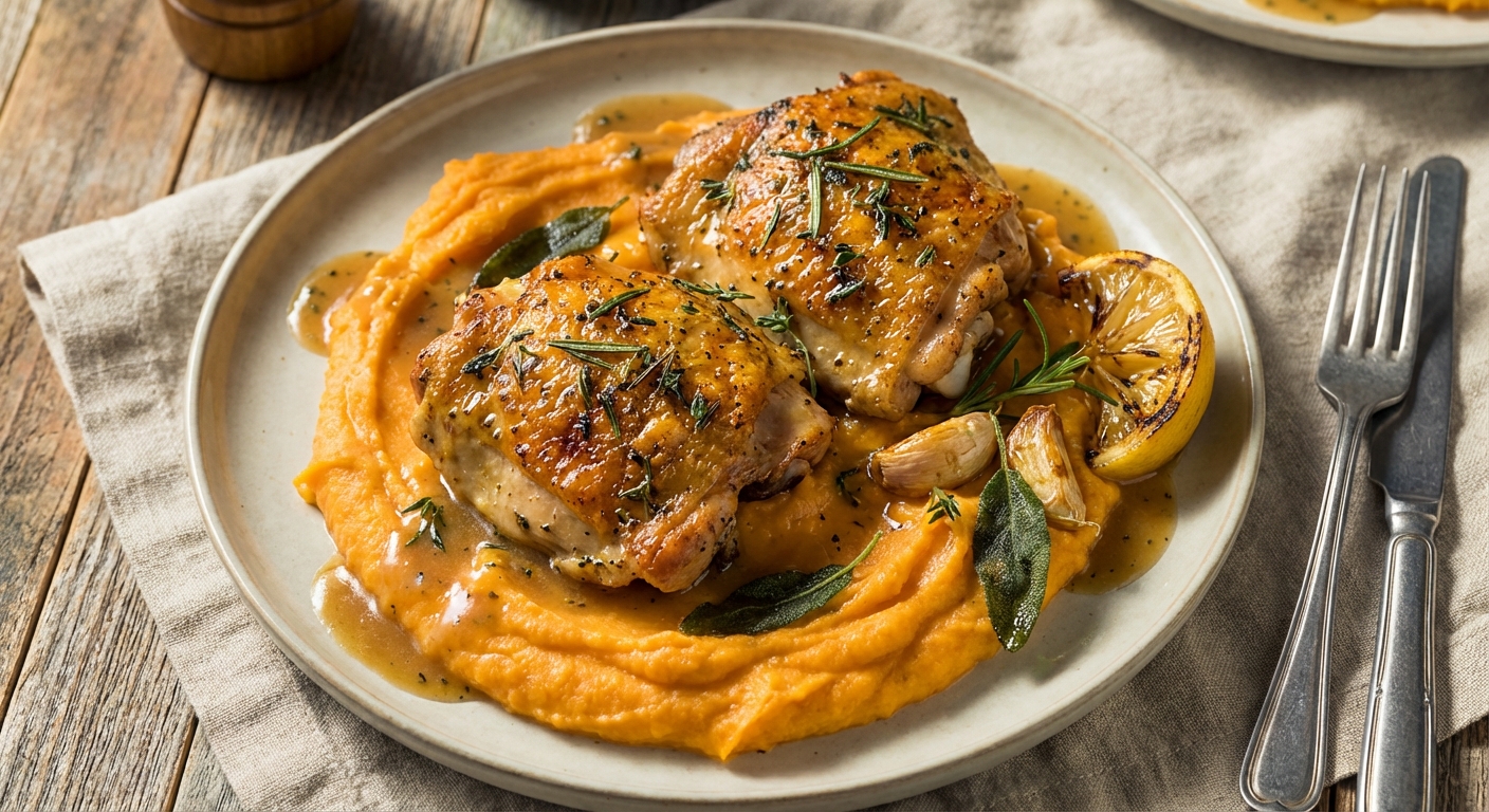 American Herb-Roasted Chicken Thighs with Sweet Potato Mash