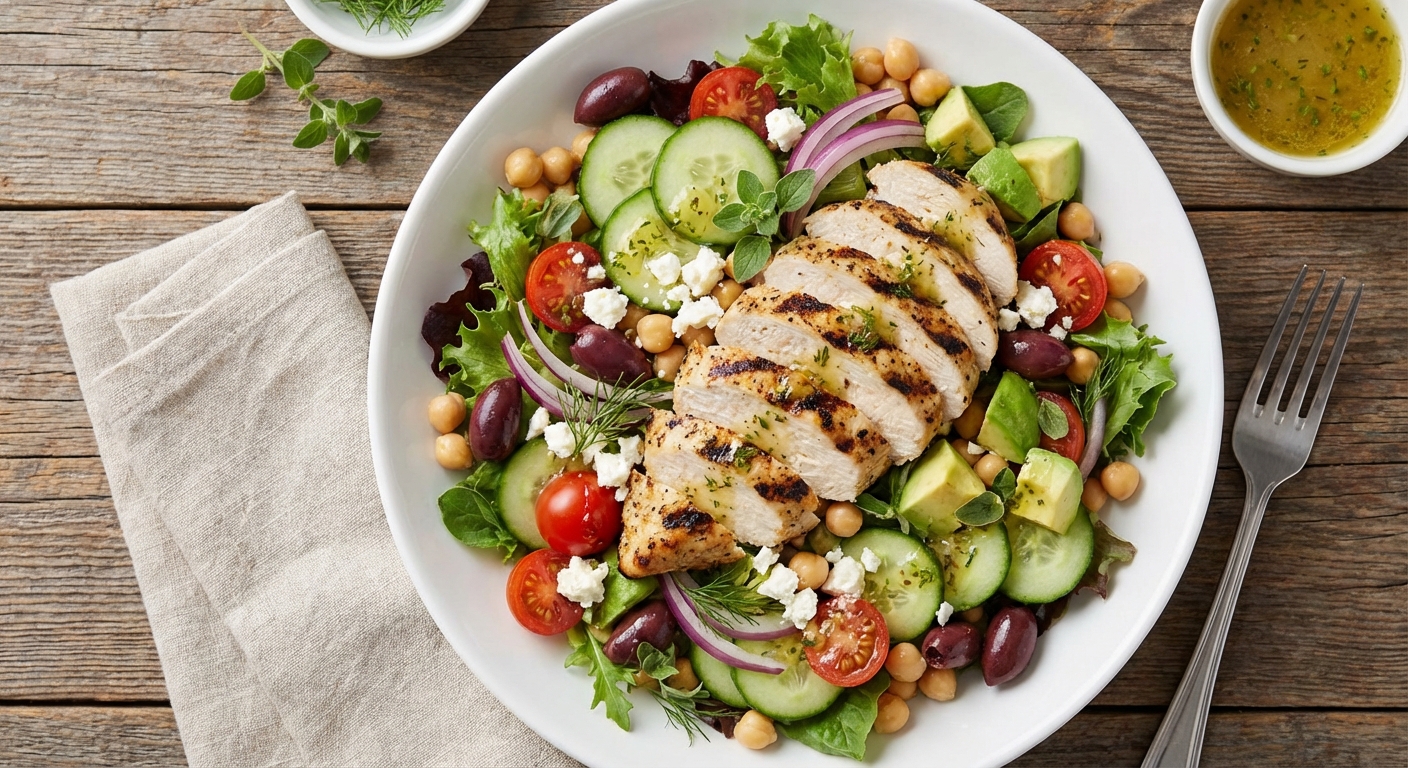 Grilled Chicken, Chickpea & Avocado Salad (Mediterranean-Inspired)