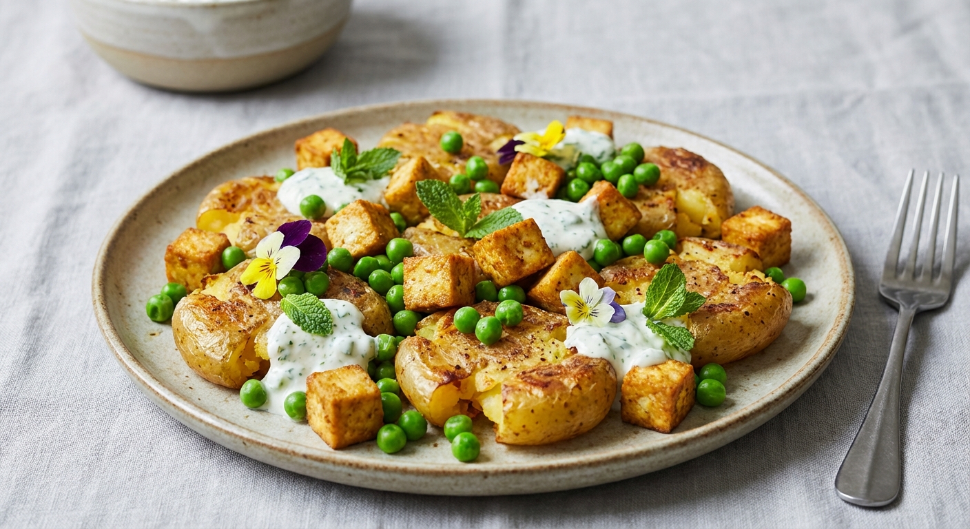 Crispy New Potato Hash with Marinated Tofu, Peas & Mint‑Yogurt