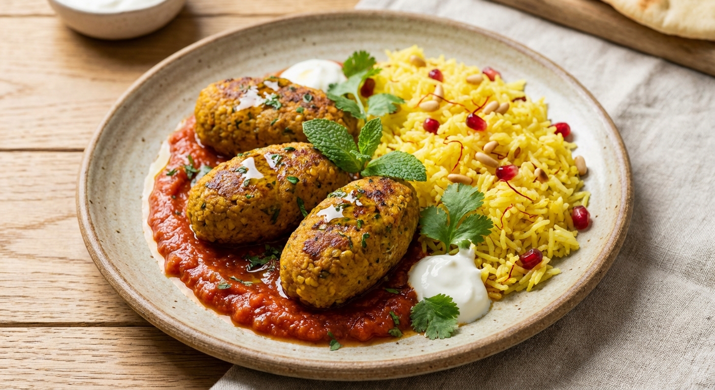 Baked Spiced Lentil-Bulgur Koftas with Tomato Sauce & Saffron Rice