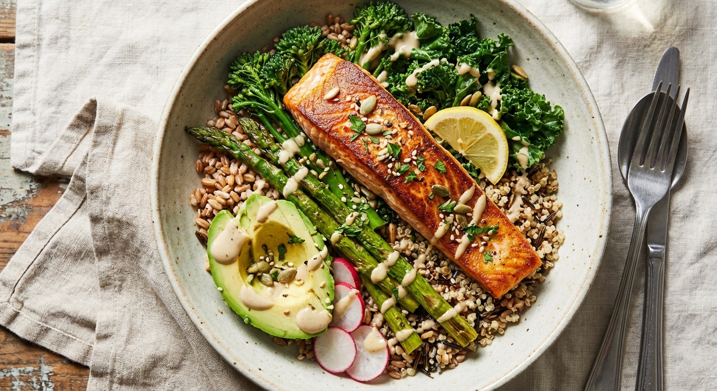 Grain Bowl with Roasted (Pan-Seared) Salmon & Greens