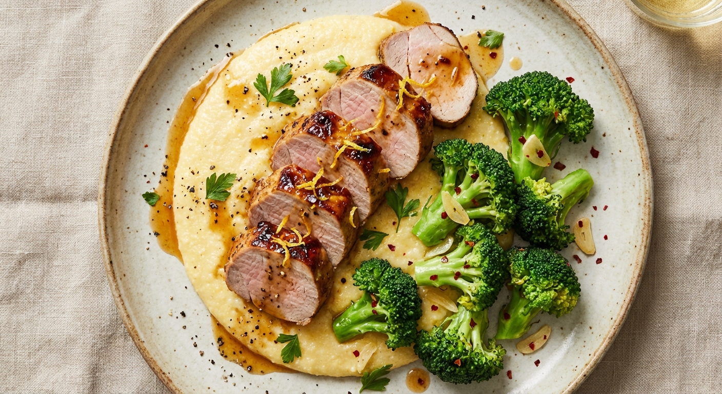 Lemon-Garlic Pork with Parmesan Polenta & Sautéed Broccoli