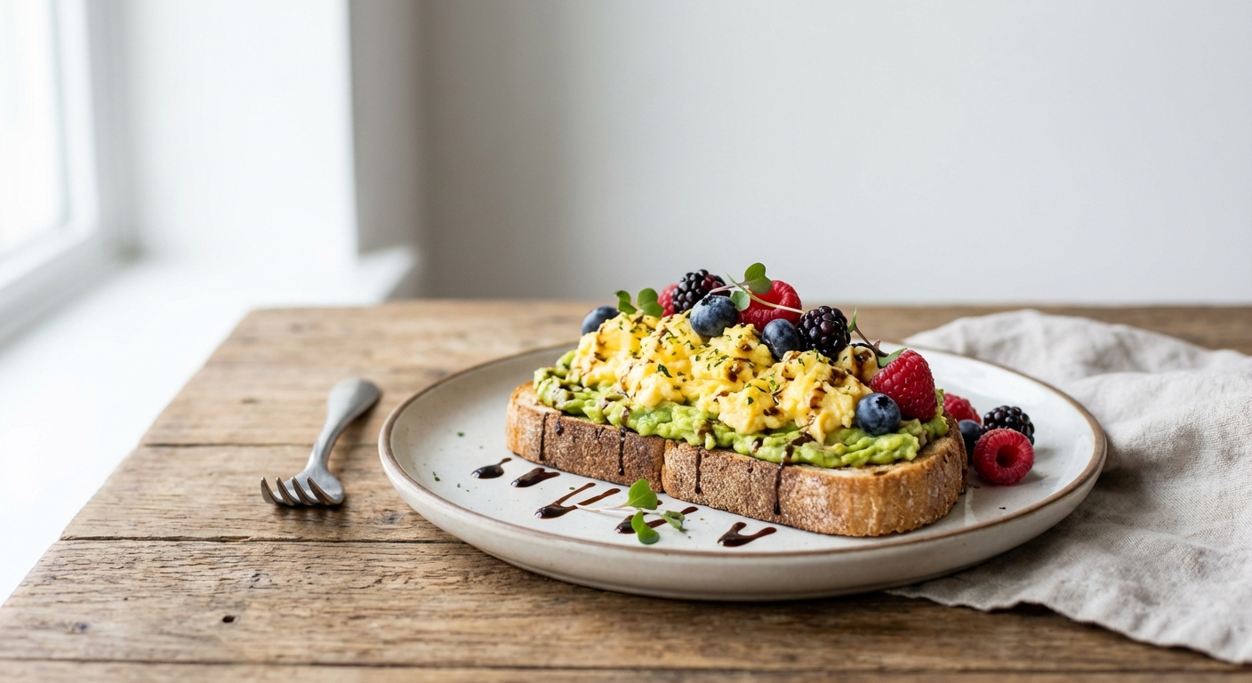 Avocado Toast with Scrambled Eggs & Mixed Berries