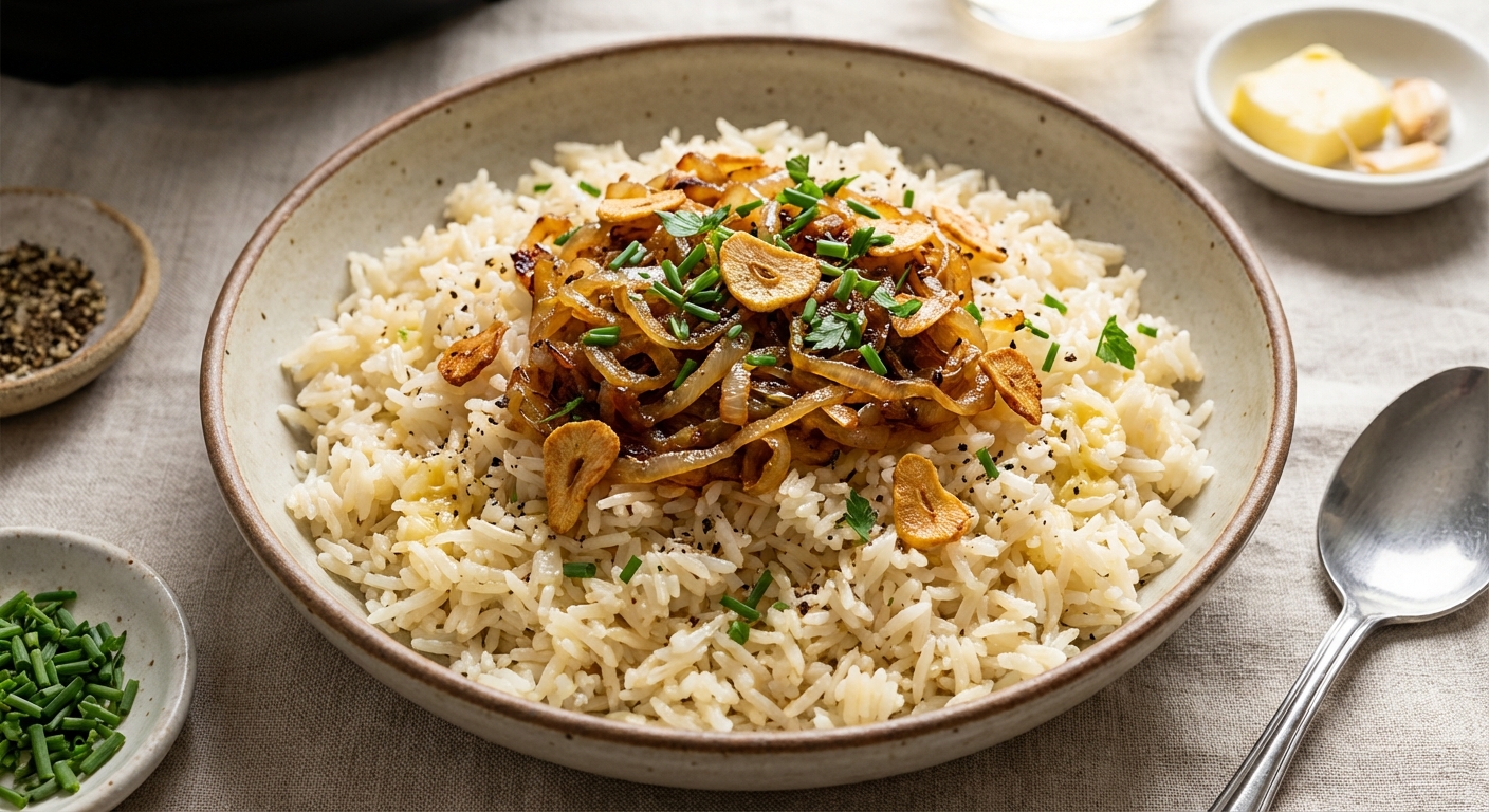 Garlic-Butter Instant Pot Basmati Rice with Caramelized Onion and Black Pepper