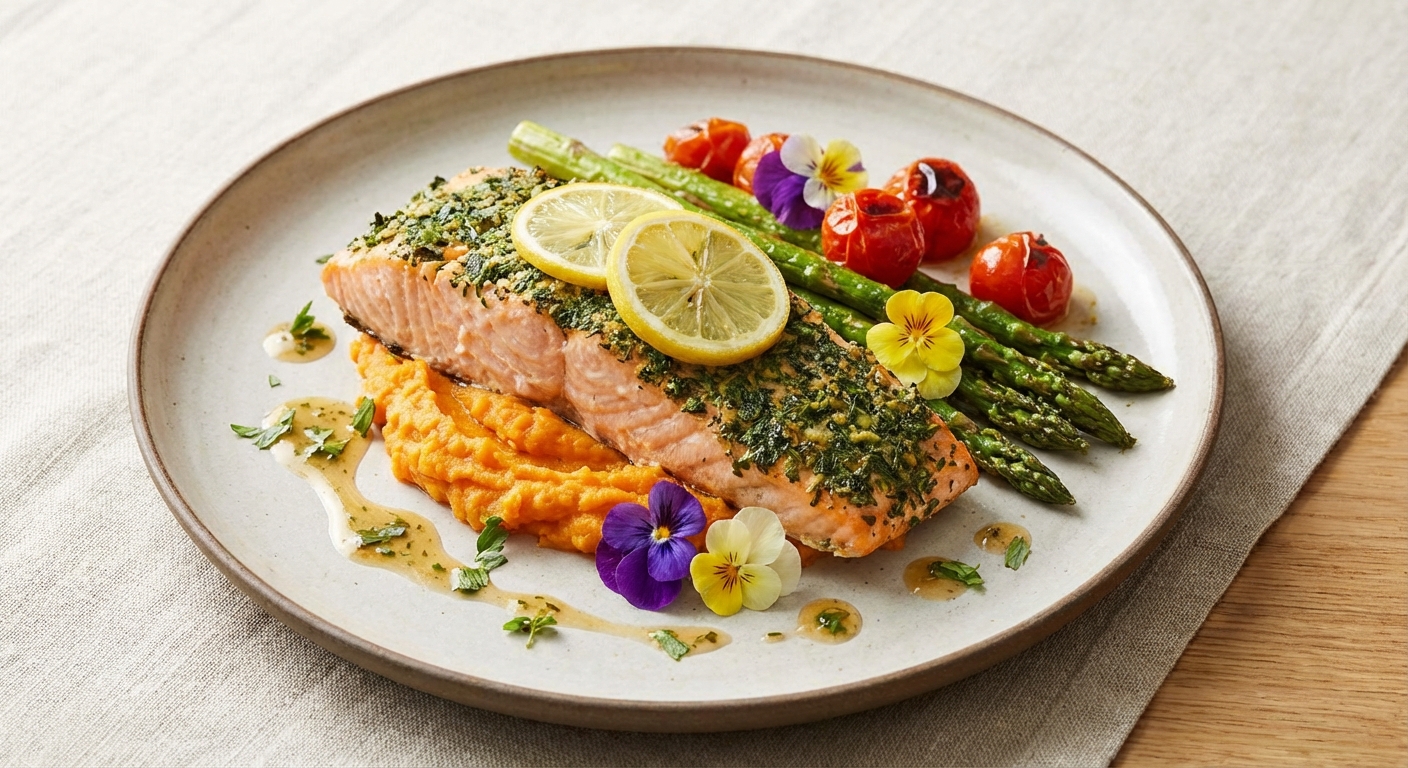 Herb-Roasted Salmon with Sweet Potato & Asparagus