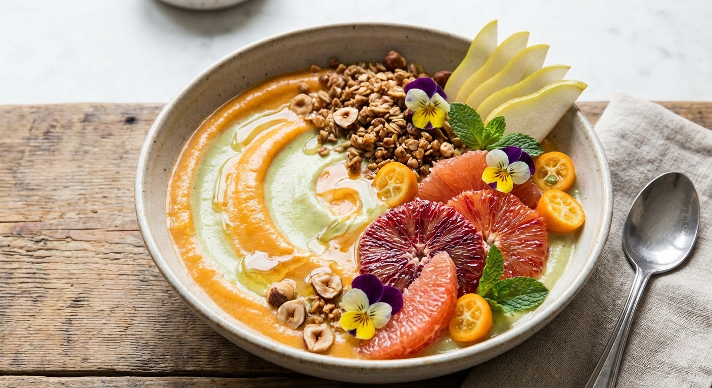 Silken Tofu & Winter Citrus-Pear Smoothie Bowl with Toasted Hazelnut Buckwheat Granola
