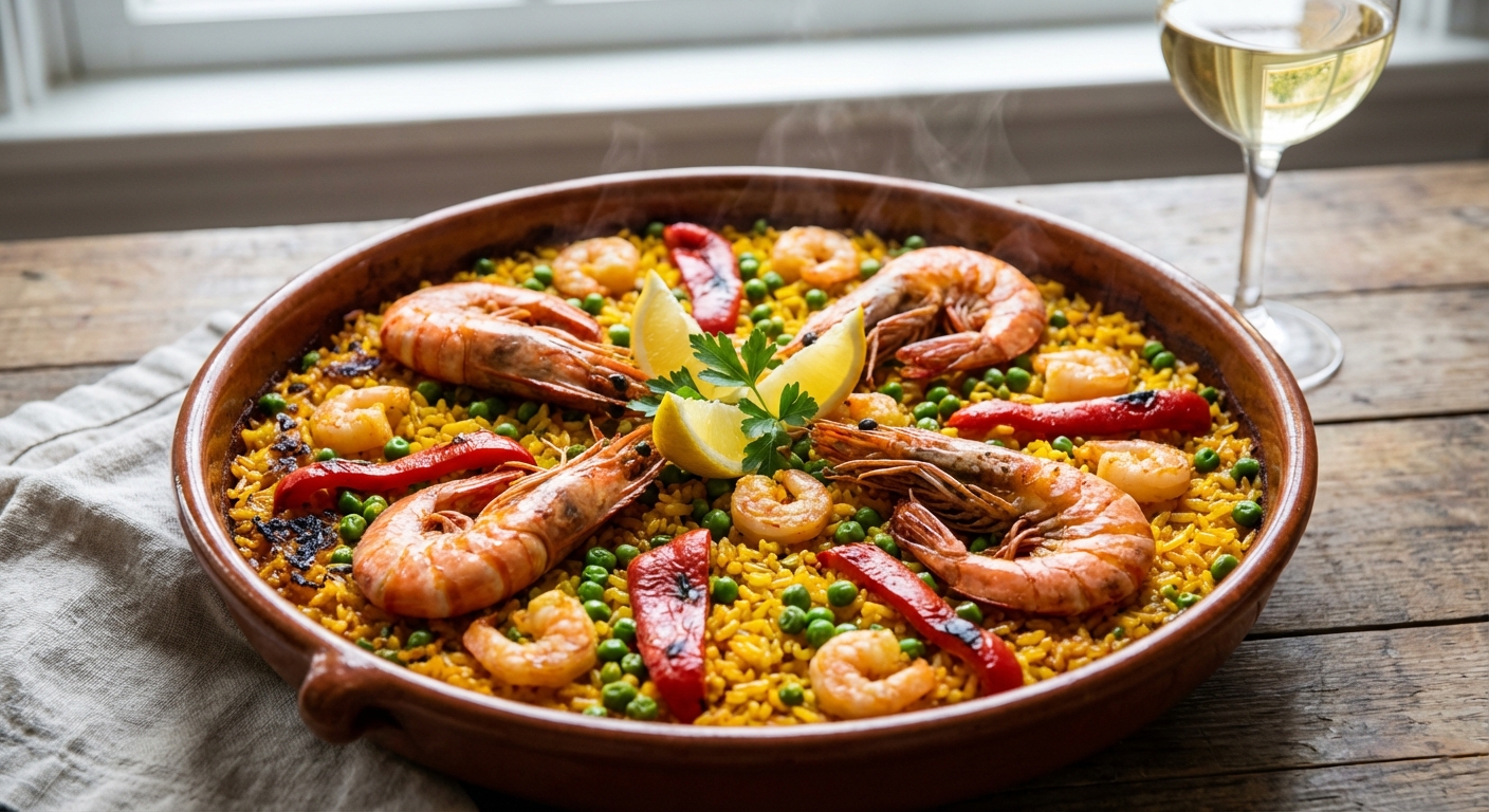 Shrimp Paella with Peas and Bell Pepper