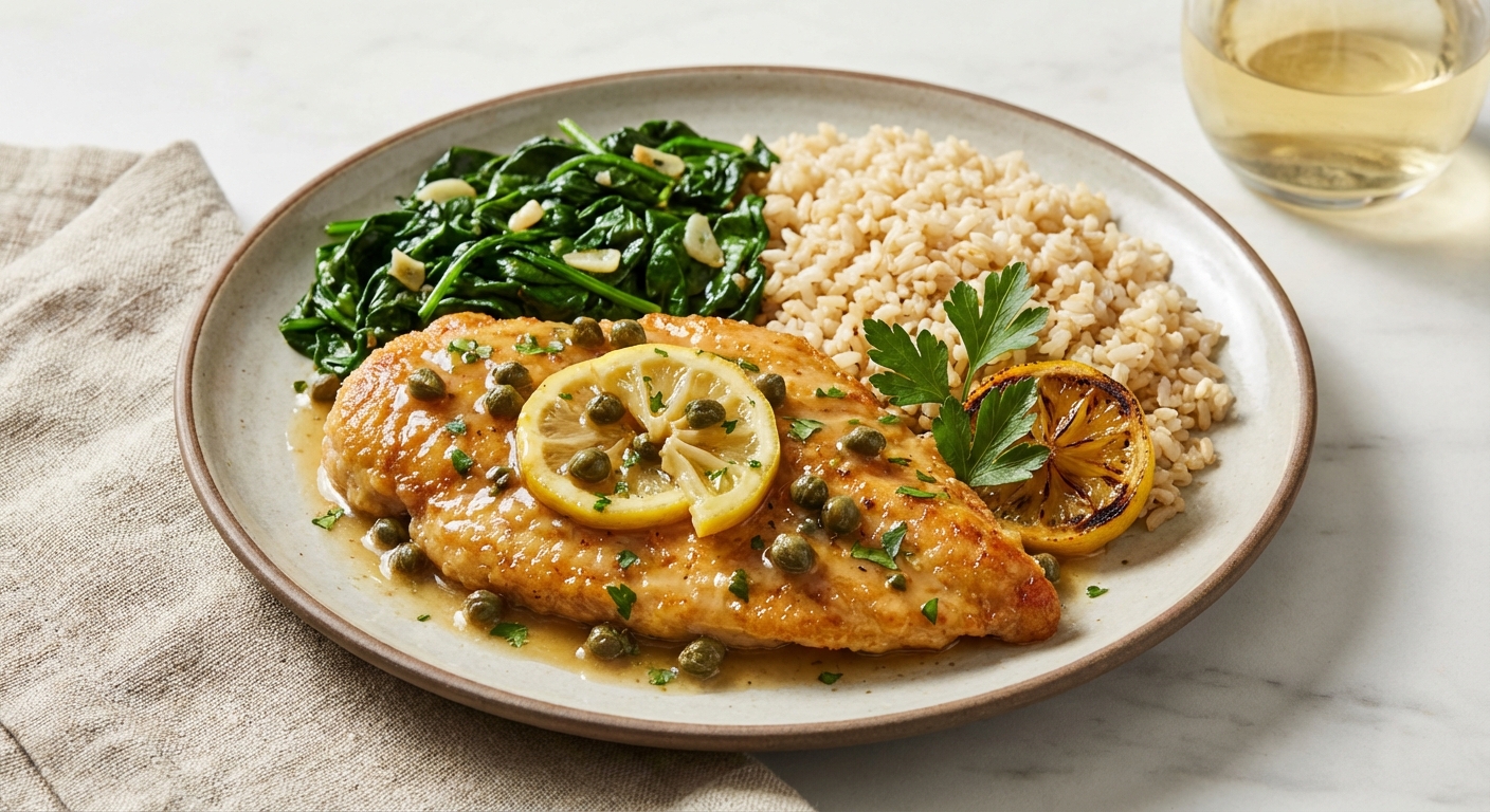 Chicken Piccata with Lemon-Caper Sauce, Brown Rice & Sautéed Spinach