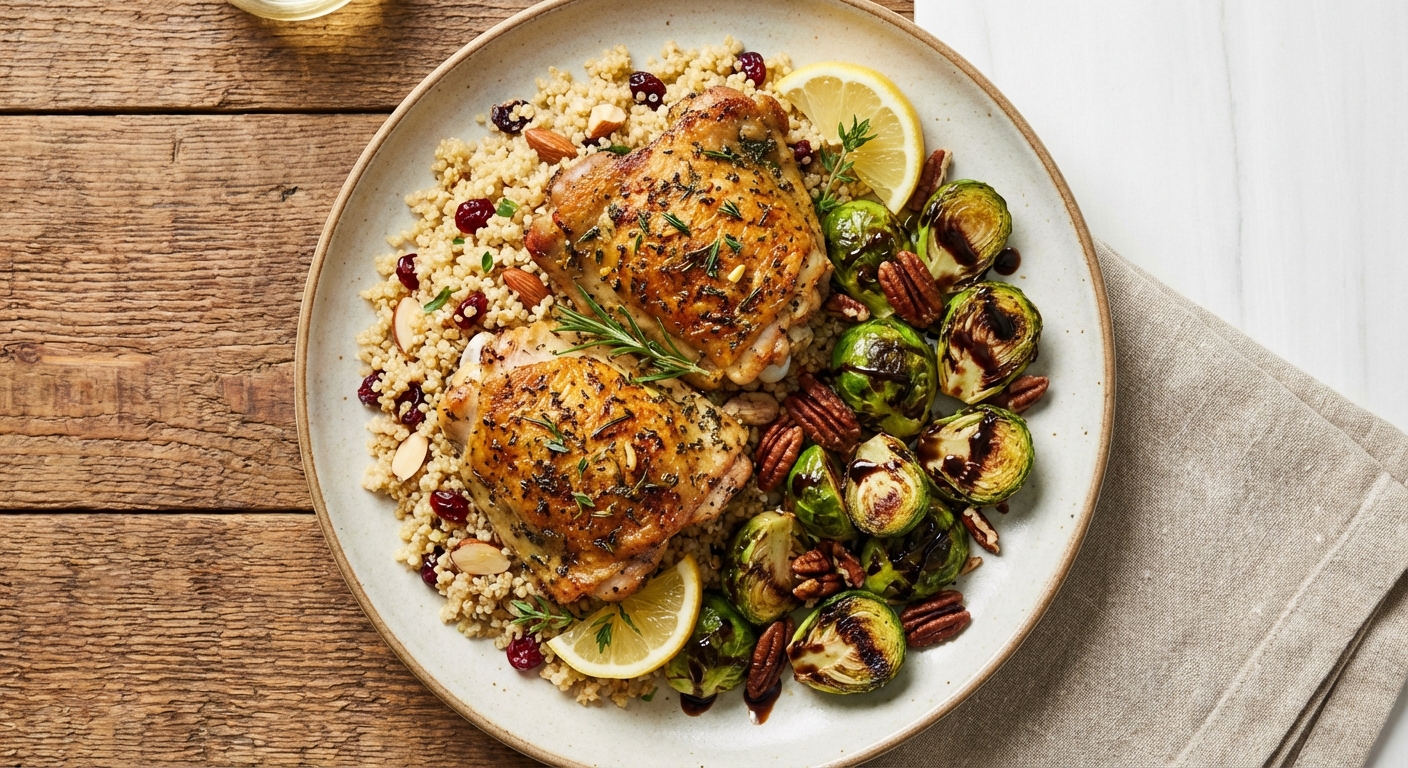 Herb-Roasted Chicken Thighs with Quinoa Pilaf & Roasted Brussels Sprouts