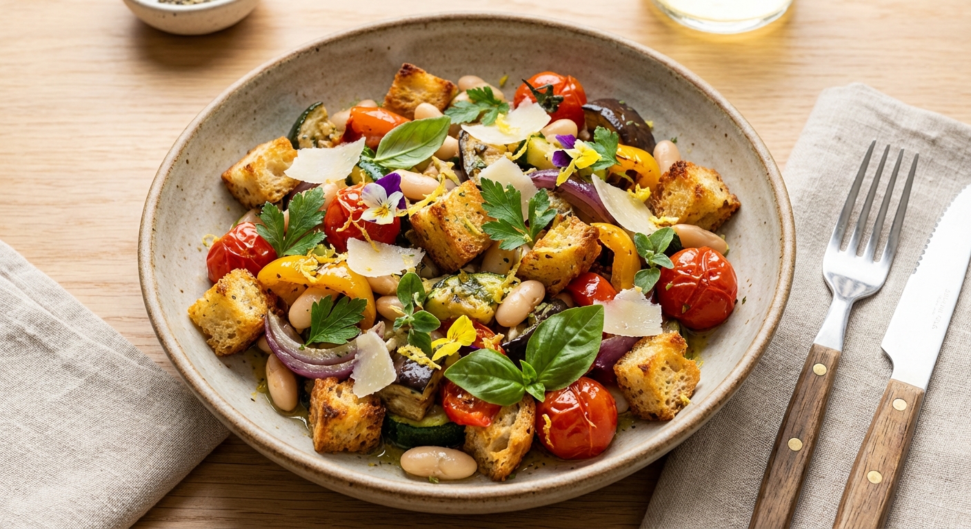 Roasted Vegetable & Cannellini Bean Panzanella with Herbed Lemon Vinaigrette