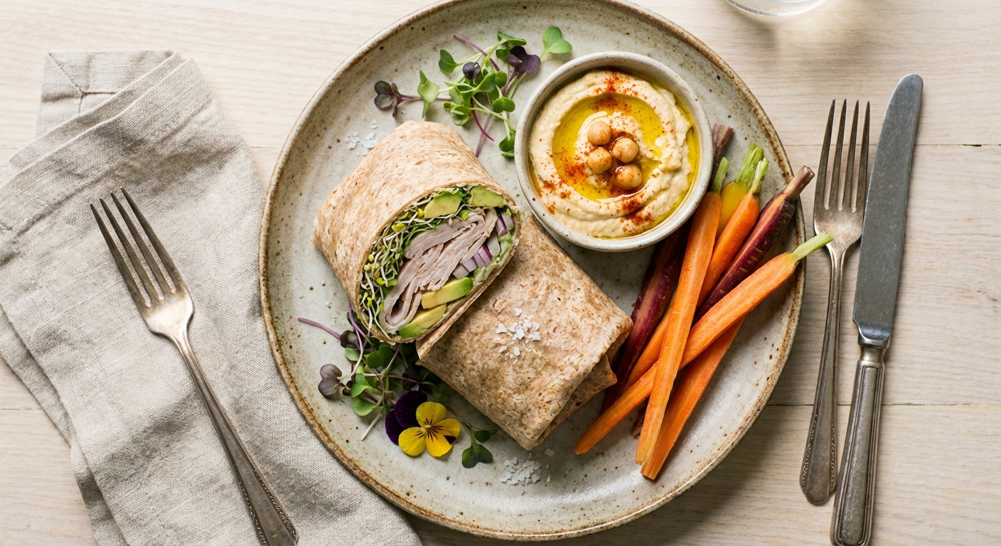 Turkey & Avocado Whole-Grain Wrap with Hummus & Carrot Sticks