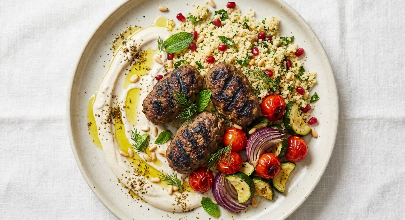 Grilled Lamb Kofta with Tahini-Yogurt, Couscous & Roasted Vegetables