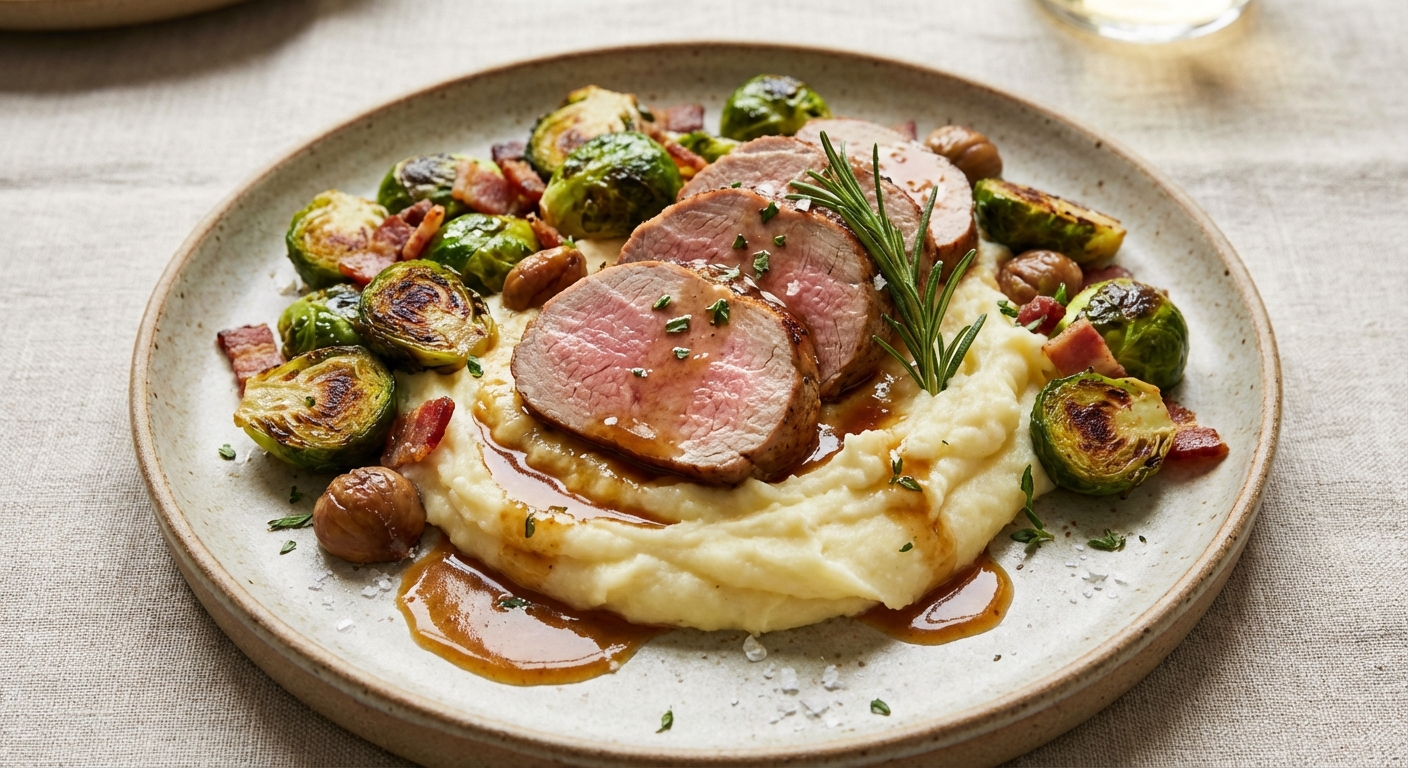 Roast Pork Tenderloin with Mashed Potatoes & Roasted Brussels Sprouts