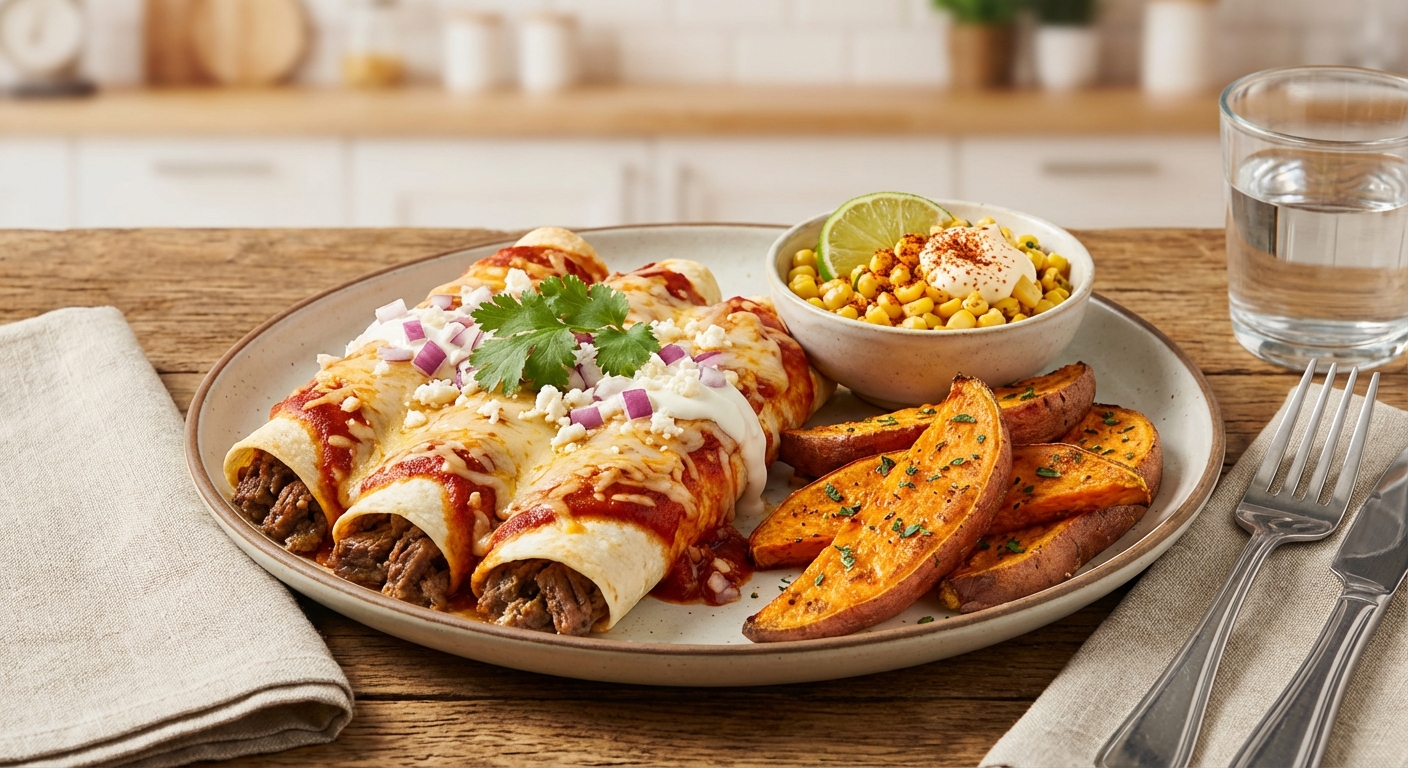 Beef Enchiladas with Roasted Sweet Potatoes & Mexican-Style Corn